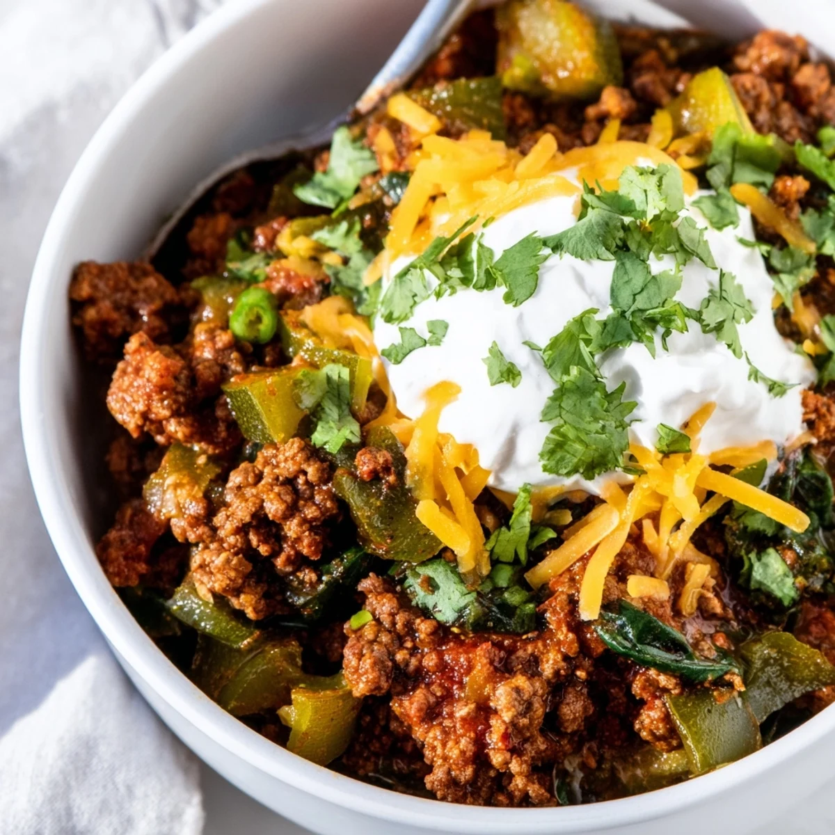 A hearty bowl of Evergreen Keto Chili garnished with fresh cilantro and diced jalapeños.