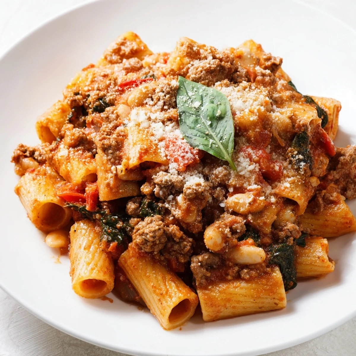A close-up of Warm Hearth High Protein Pasta with lean turkey and creamy white beans in a rich red sauce.