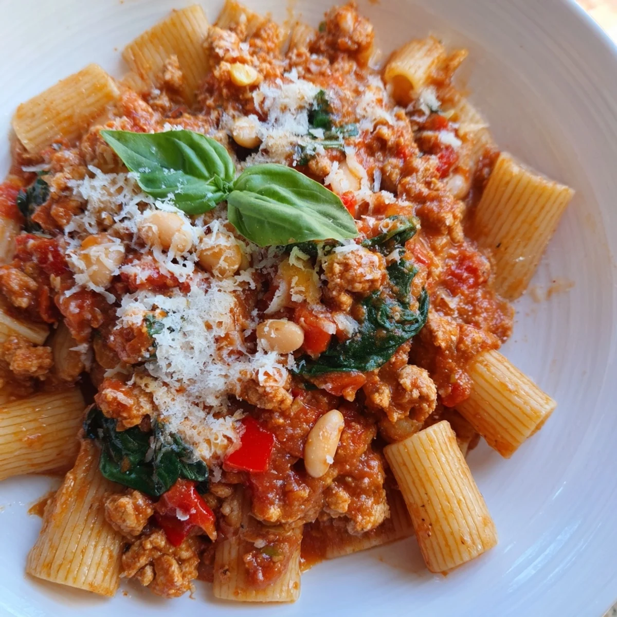 Warm Hearth High Protein Pasta tossed with whole wheat penne, wilted spinach, and diced red bell peppers.