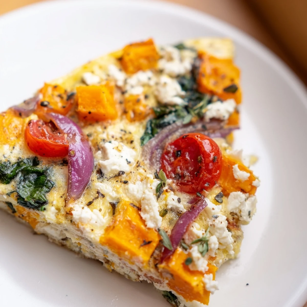 Slice of Winter Wellness Low Fat Frittata on a white plate, revealing fluffy eggs and spinach with a side salad.