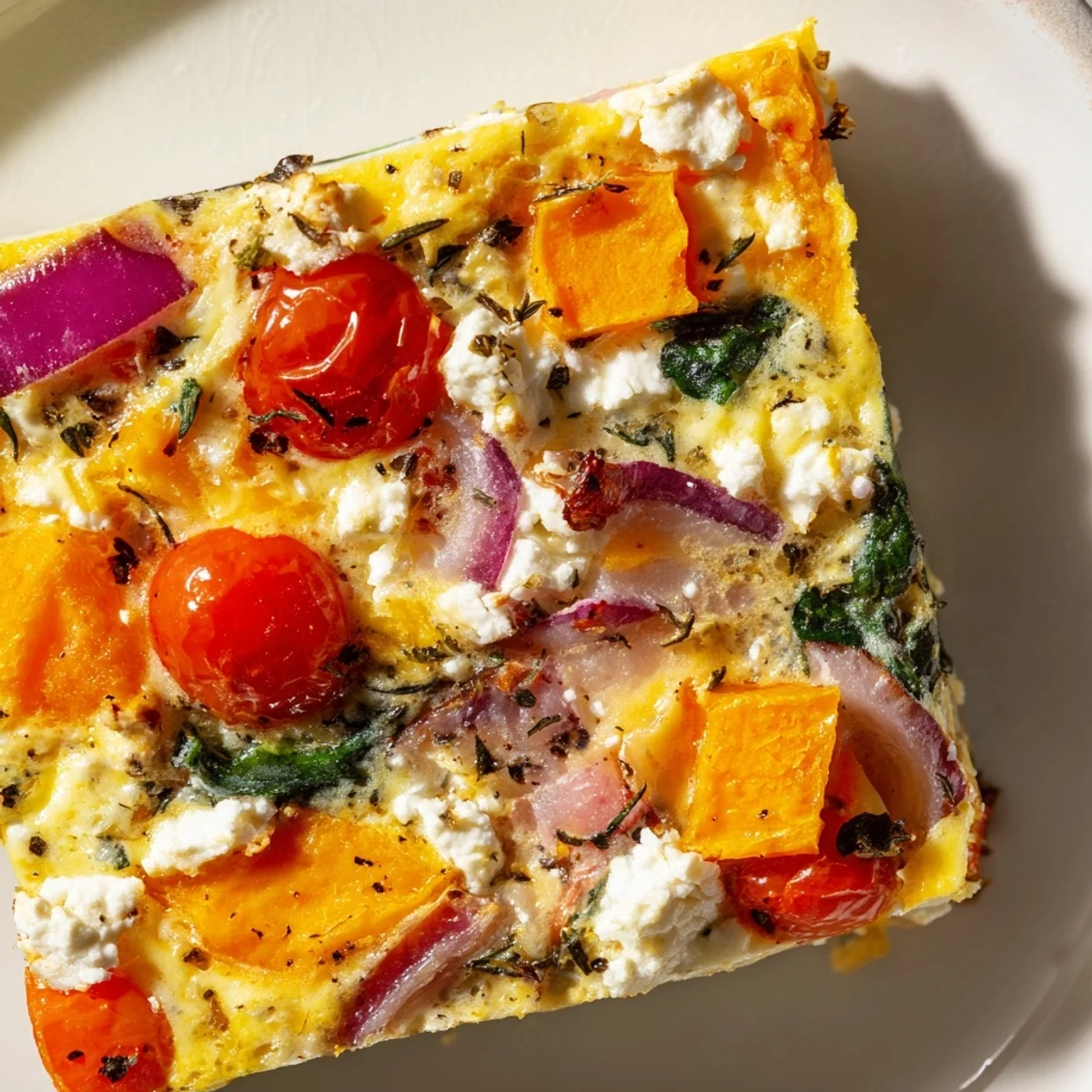 Winter Wellness Low Fat Frittata topped with crumbled feta cheese, served alongside roasted butternut squash and crusty bread.