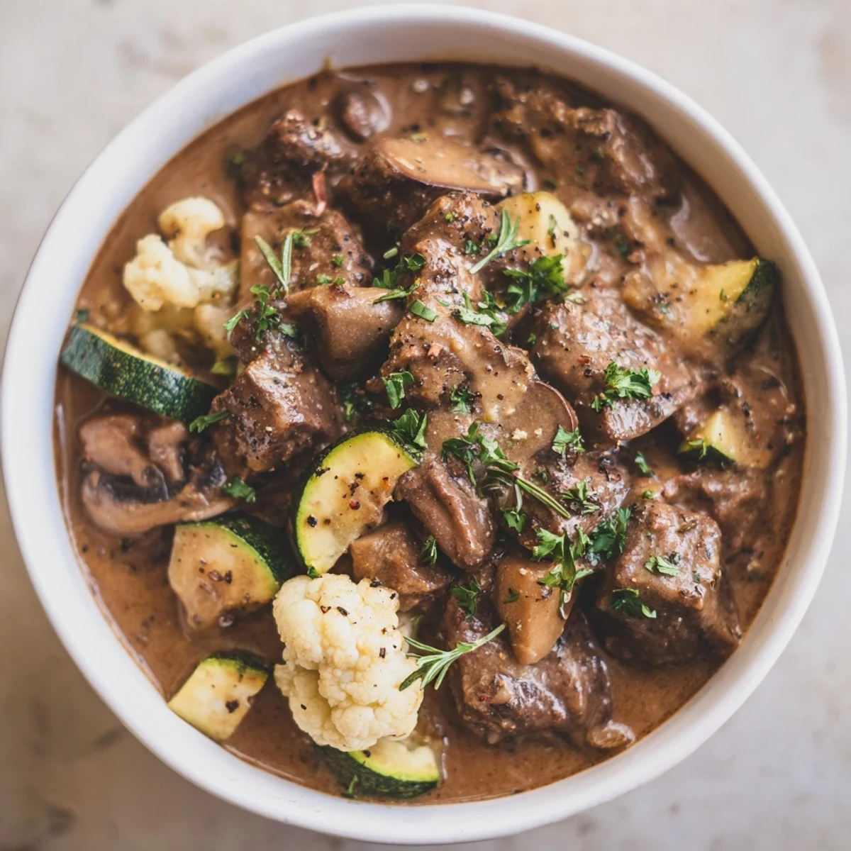 Steamy bowl of Cozy Evening Keto Stew topped with fresh parsley and a wooden spoon. 