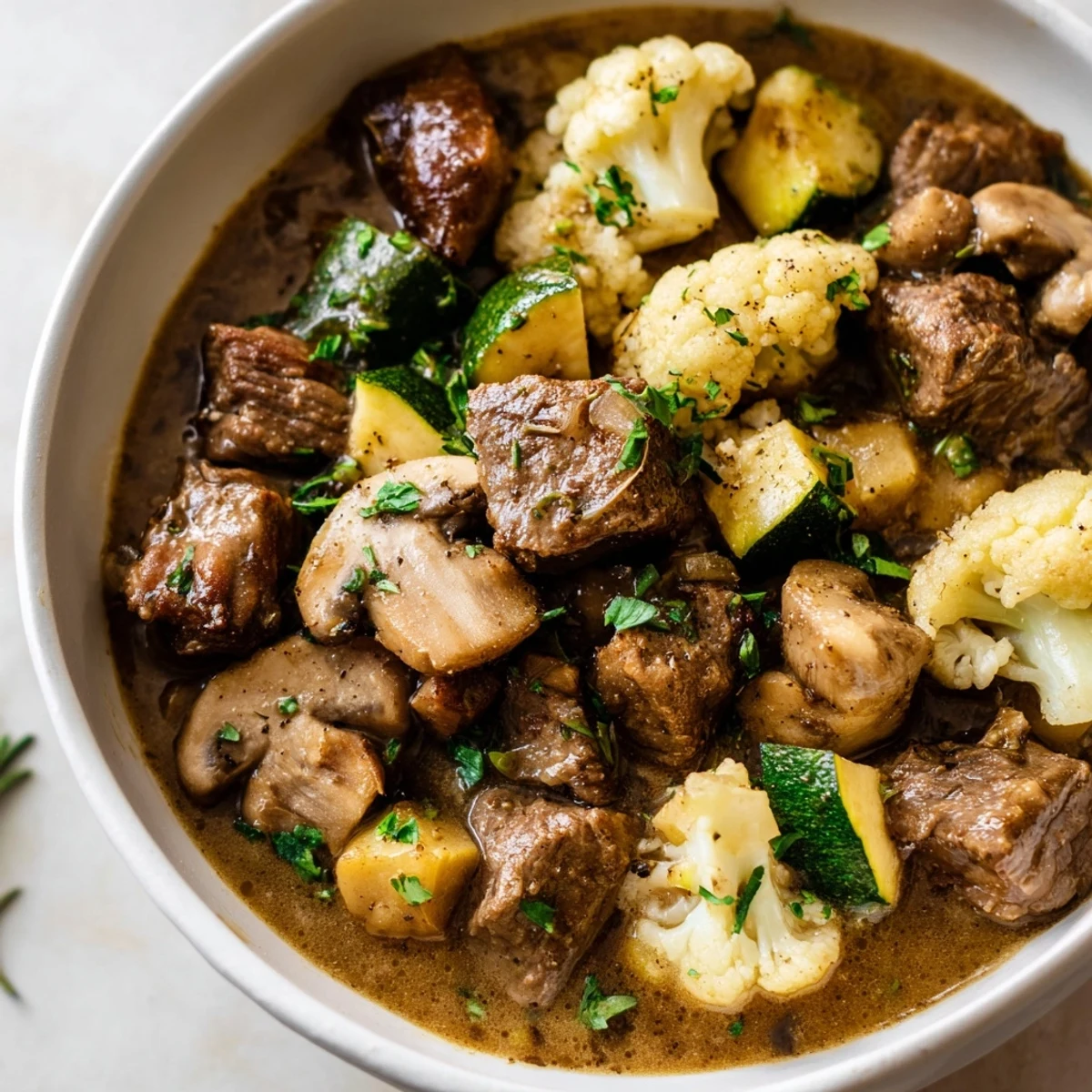 Close-up of tender beef cubes, zucchini, and cauliflower in a rich Cozy Evening Keto Stew. 