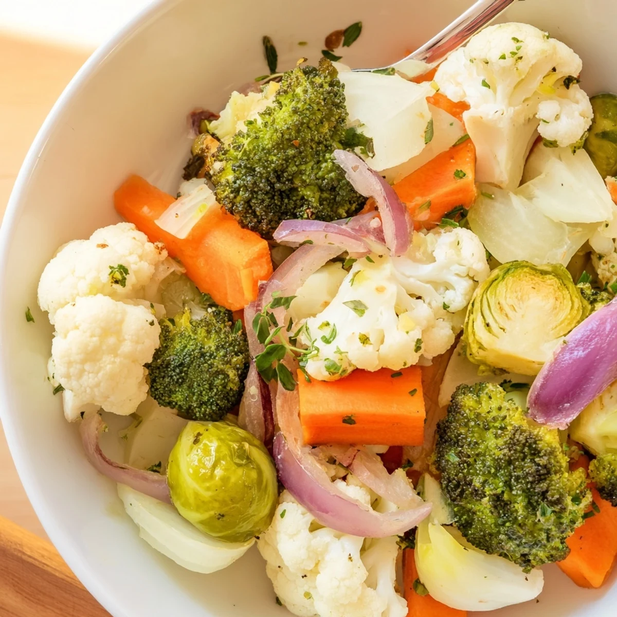 Steamed Winter Garden Low Fat Side Dish with fresh herbs and lemon, a colorful medley of tender cauliflower and Brussels sprouts.