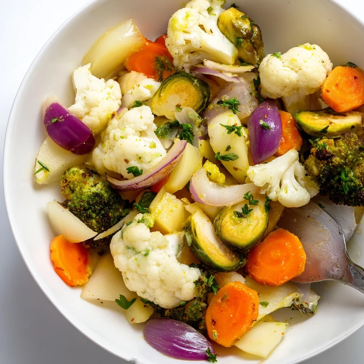 Winter Garden Low Fat Side Dish served warm, featuring a vibrant mix of steamed root vegetables and onions, garnished with fresh herbs.