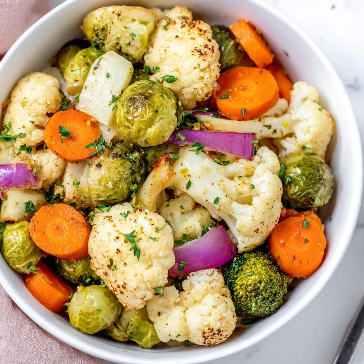 A bowl of Winter Garden Low Fat Side Dish with bright carrots and broccoli, tossed with parsley and thyme, ready to serve.