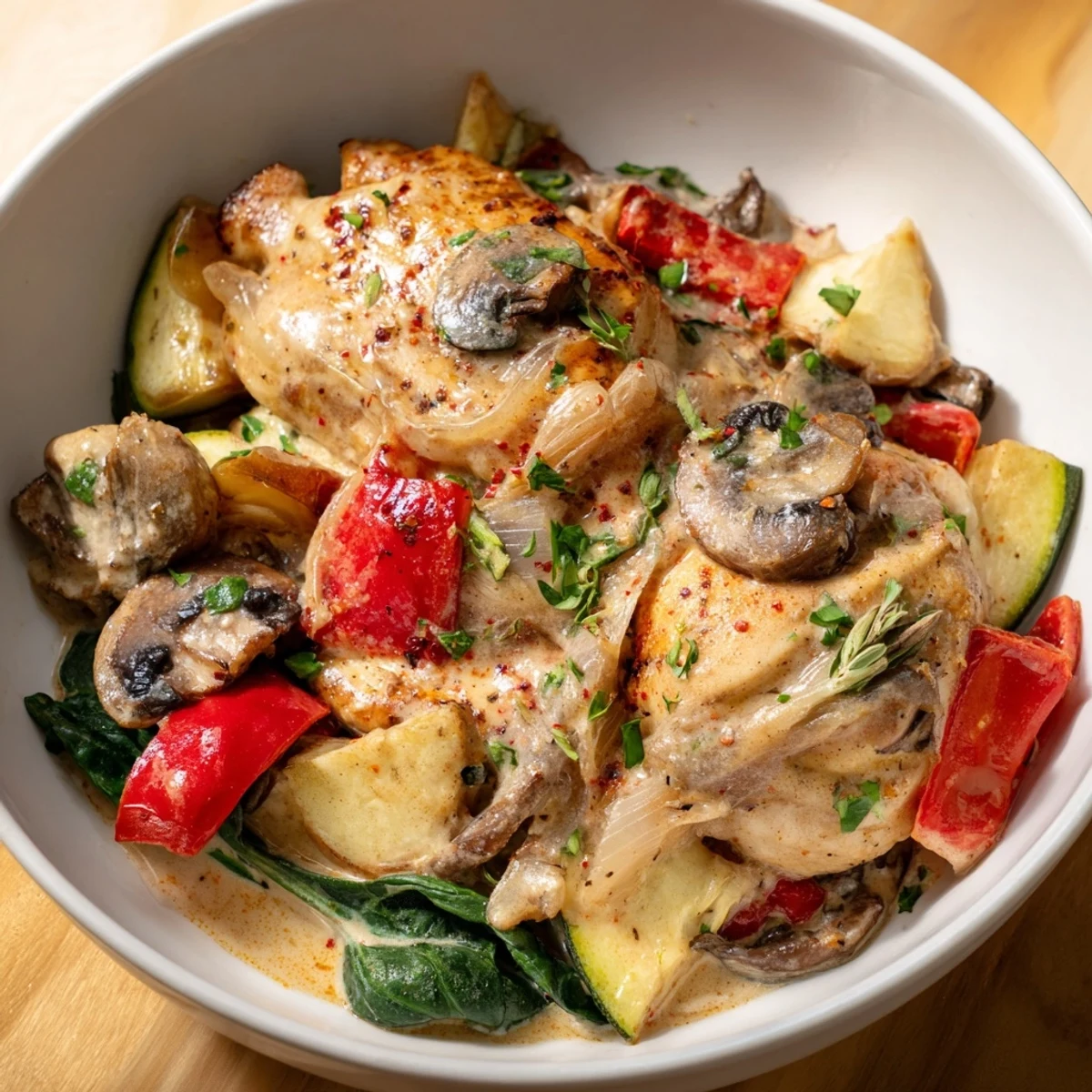 This low carb chicken skillet is garnished with fresh parsley for a cozy, comforting dinner.