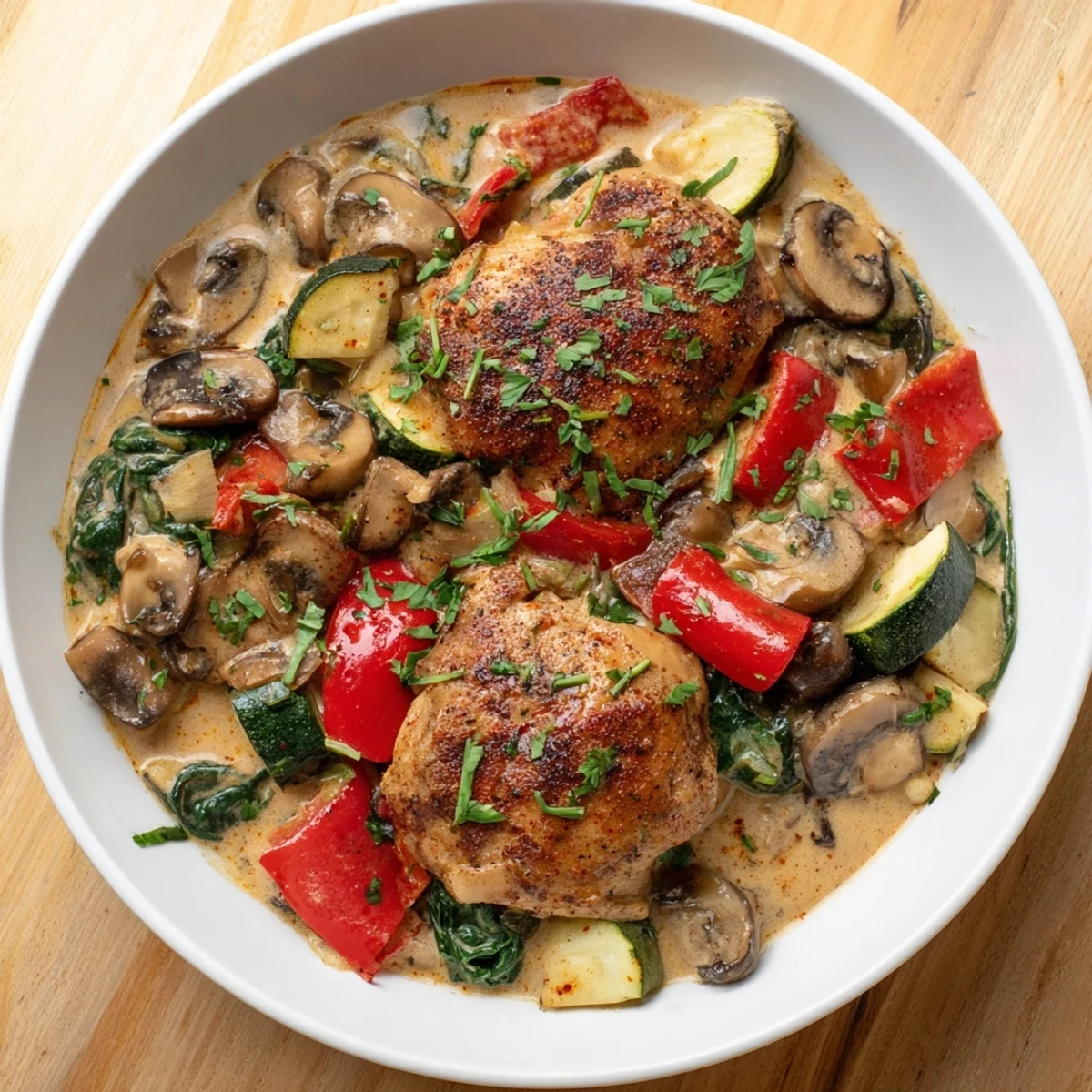 Golden brown chicken thighs simmer in a creamy herb sauce with bell peppers and spinach in a skillet.