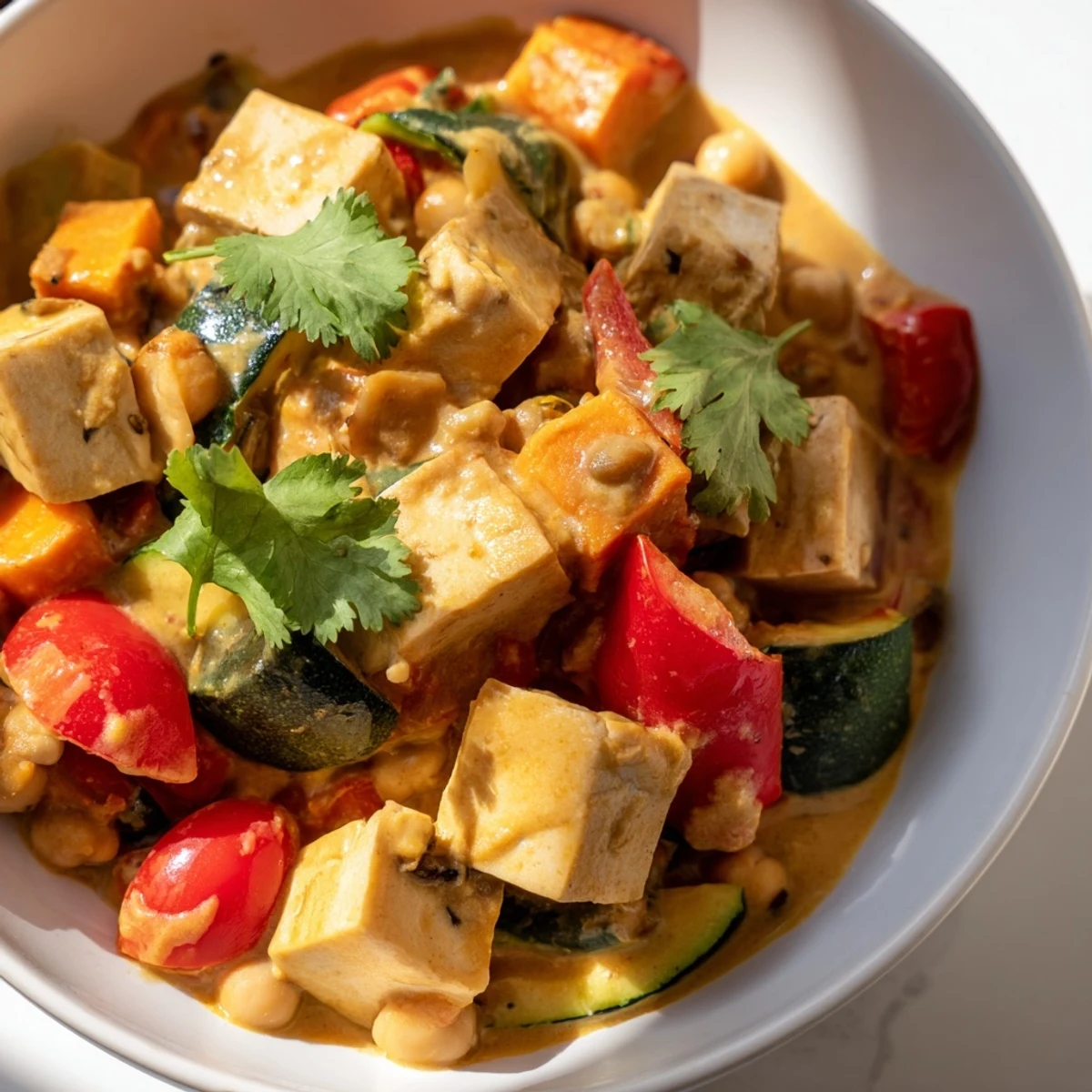 A close-up of Seasonal Glow High Protein Curry with vibrant red bell peppers, sweet potato, and tofu in a creamy, golden coconut sauce.