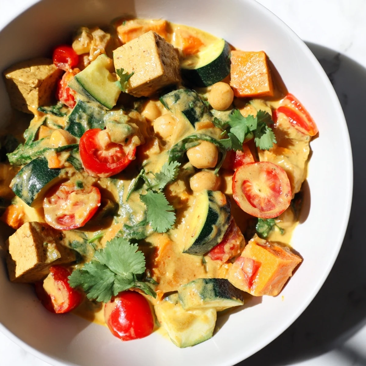 Garnished with fresh cilantro, this bowl of Seasonal Glow High Protein Curry pairs perfectly with fluffy basmati rice for dinner.