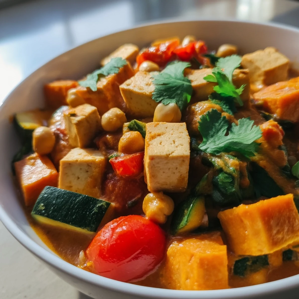Steam rises from a warm bowl of Seasonal Glow High Protein Curry, featuring chickpeas, zucchini, and cherry tomatoes in rich broth.