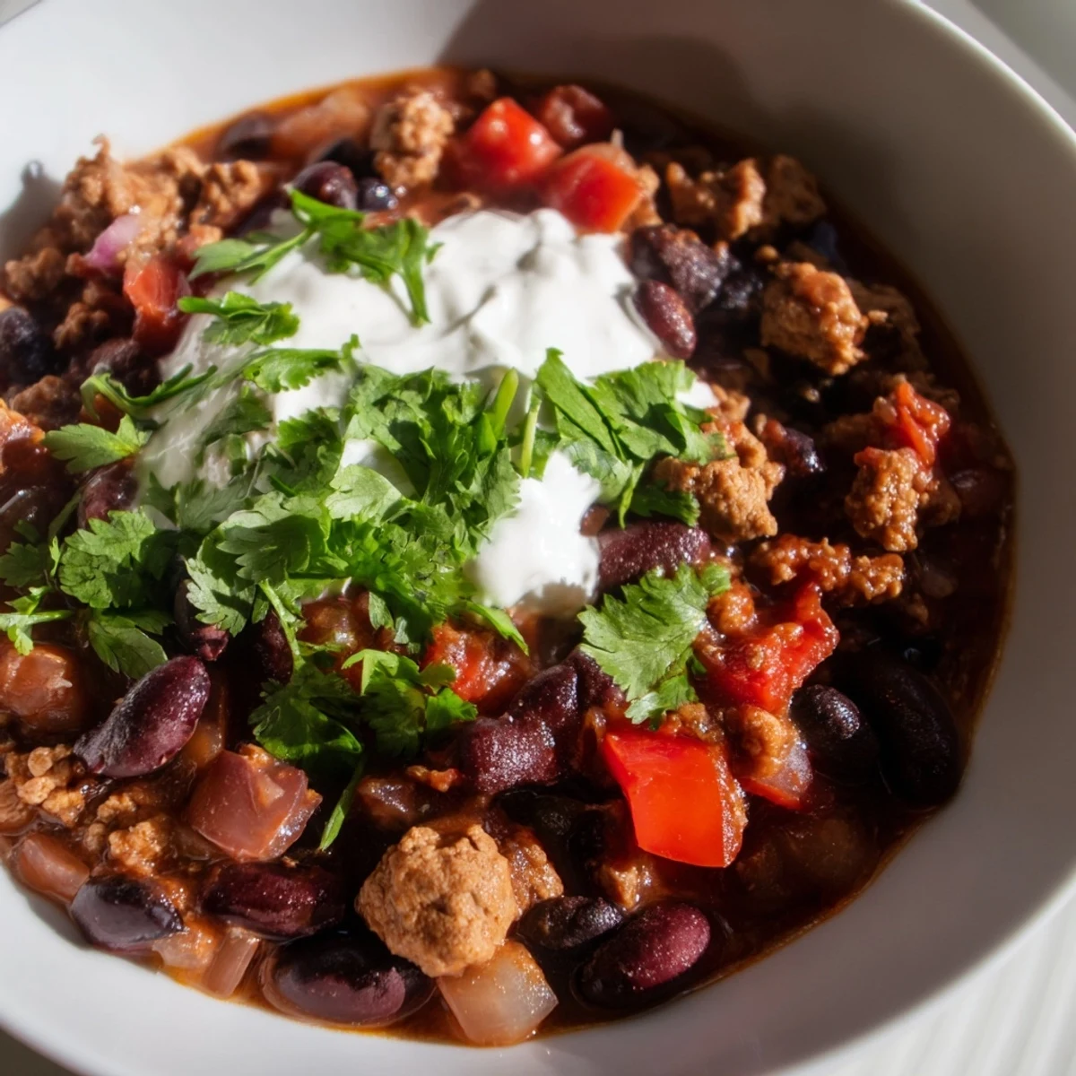 Steaming bowl of Frosty Morning High Protein Chili topped with cilantro and a dollop of Greek yogurt.