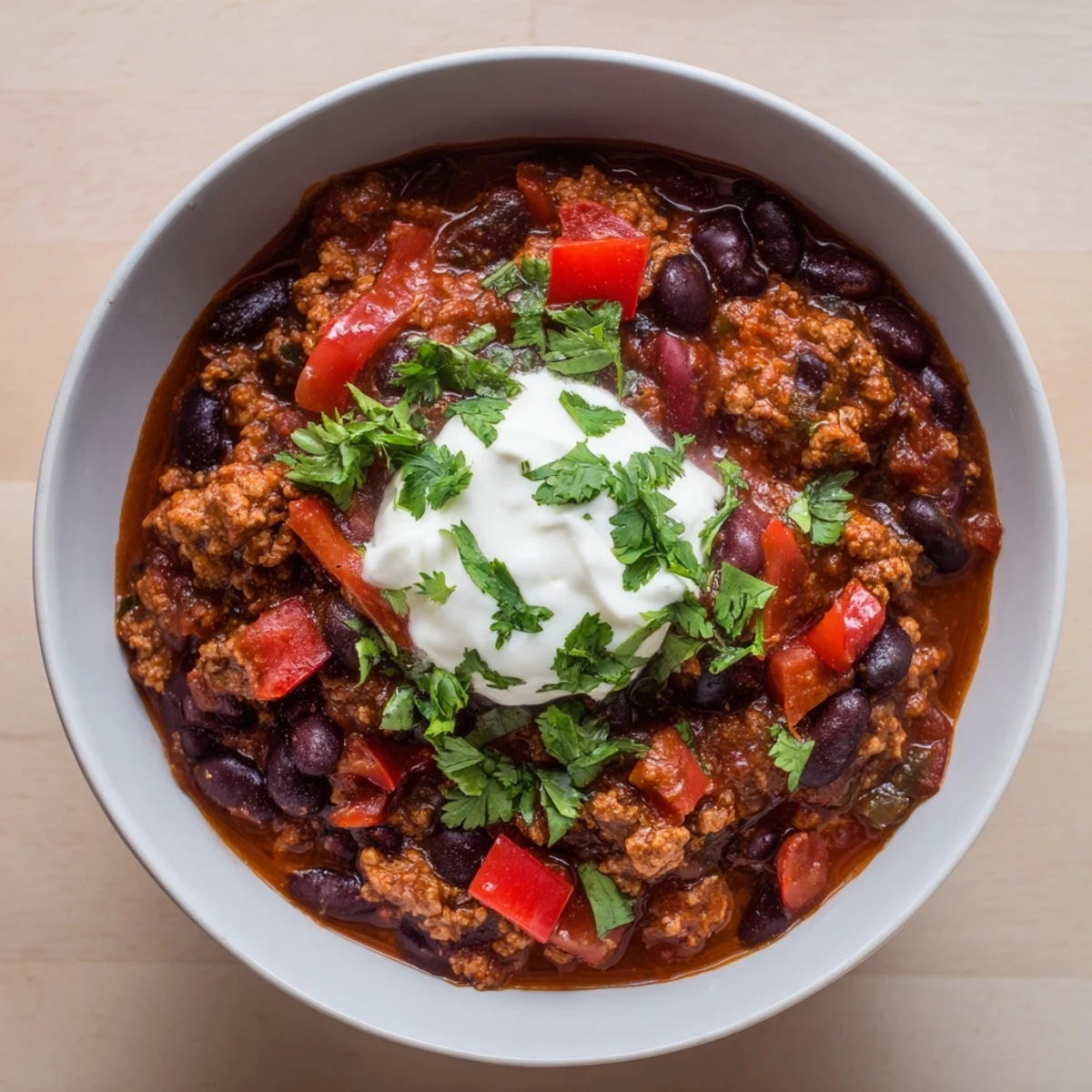 Hearty Frosty Morning High Protein Chili simmering in a Dutch oven with beans and ground turkey.