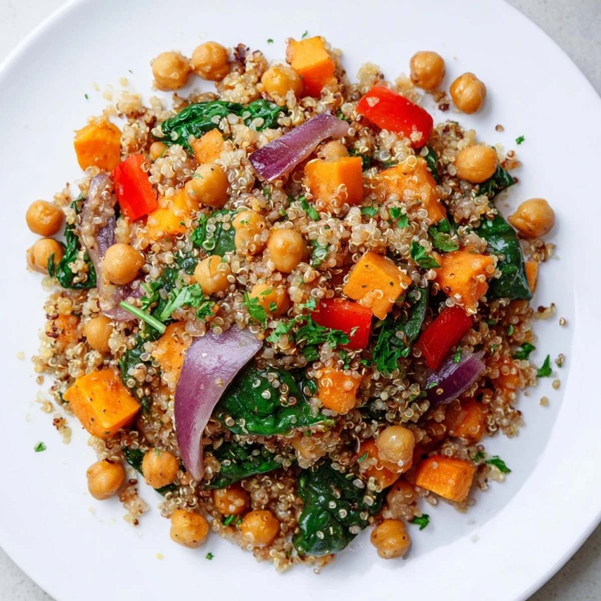 Golden roasted sweet potato and crispy chickpeas from the Fireside High Protein Side Dish, garnished with fresh parsley.