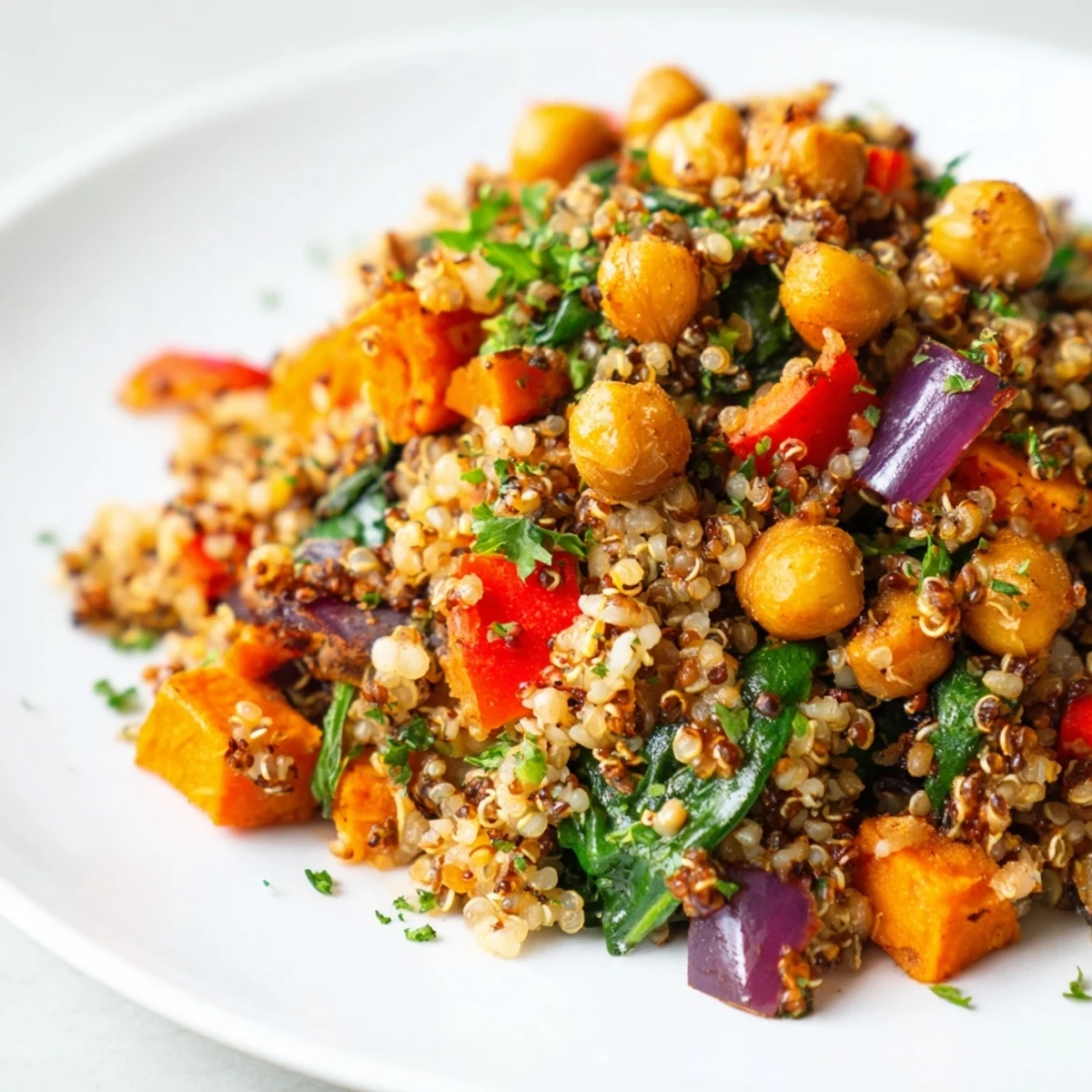Sizzling chickpeas and roasted vegetables in the Fireside High Protein Side Dish, finished with a bright lemon drizzle.