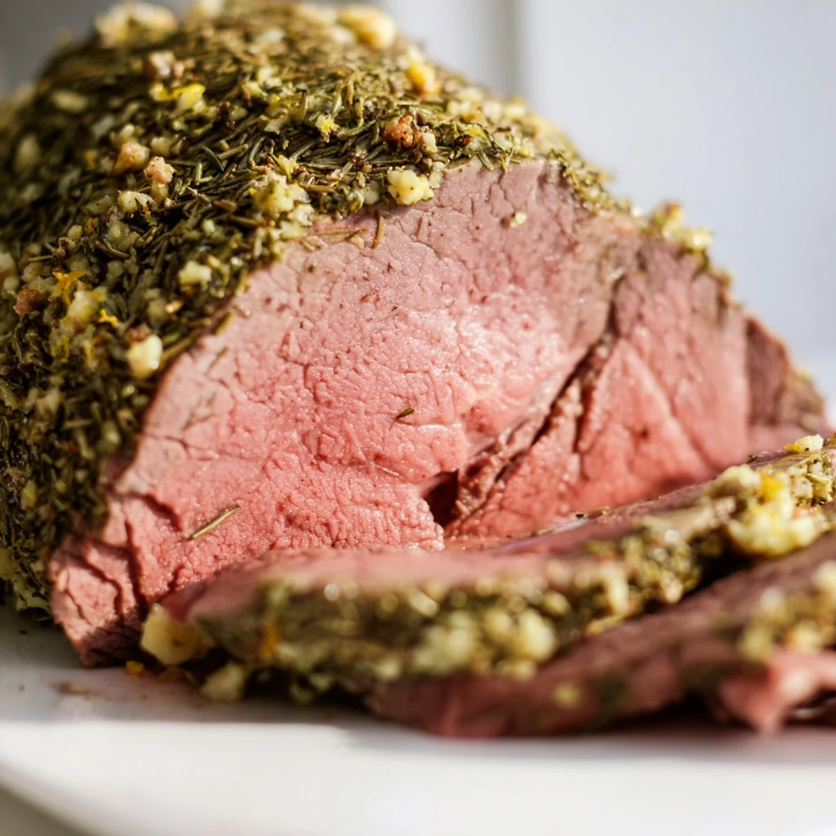 Sliced New Year Paleo Roast on a platter with roasted carrots, parsnips, and sweet potatoes, garnished with fresh herbs and lemon zest.