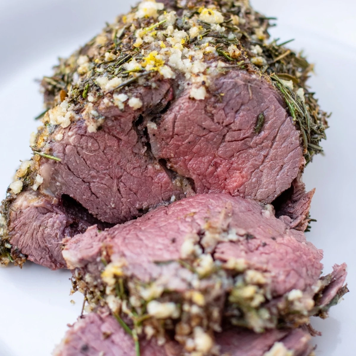 Whole New Year Paleo Roast in a roasting pan surrounded by caramelized root vegetables and mushrooms, steaming after resting under foil.