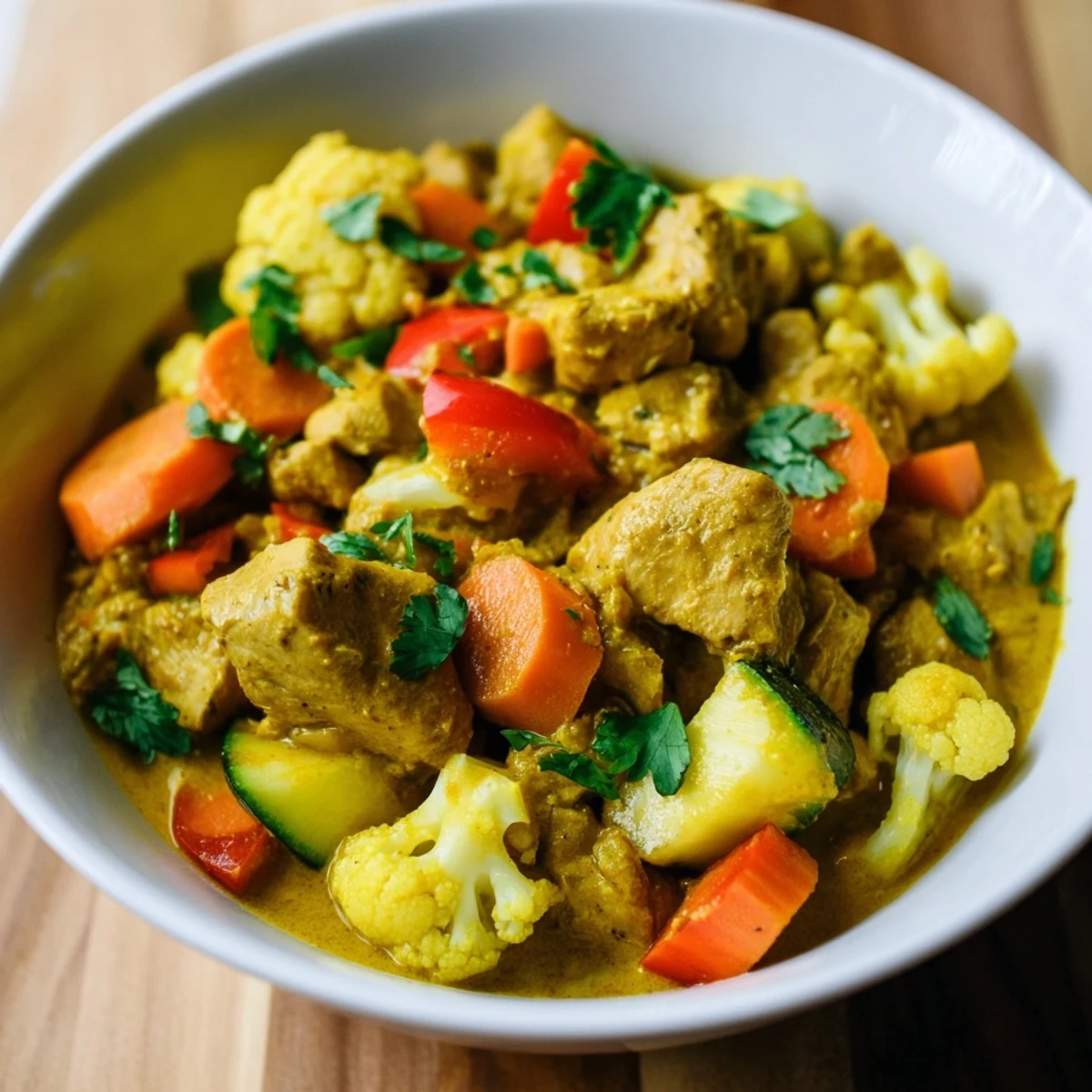 Serving bowl of Warm Hearth Paleo Curry alongside lime wedges and fluffy cauliflower rice.