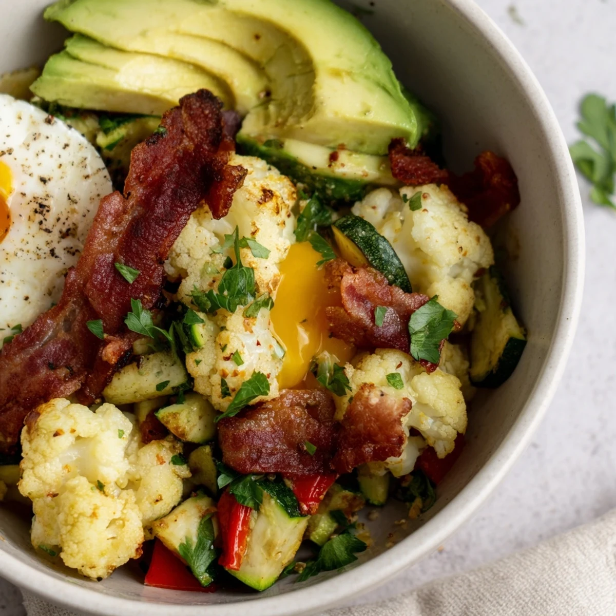 A close-up of Fireside Keto Salad roasted vegetables, crispy chopped bacon, and halved eggs with soft yolks