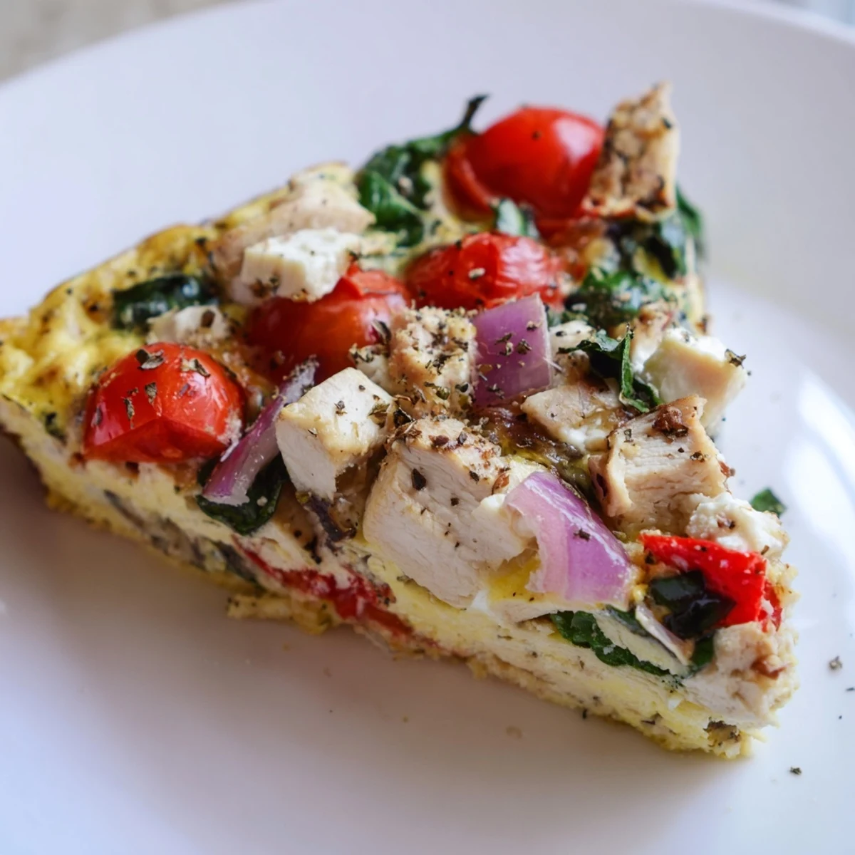 Sliced Frosty Morning High Protein Frittata served on a plate, showcasing fluffy texture with chicken, cherry tomatoes, and fresh chives.