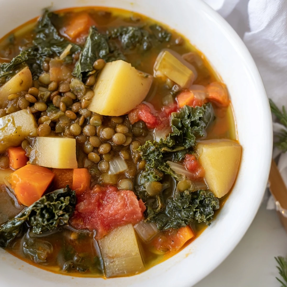 Ladle hot Cozy Evening Vegan Soup from a pot, revealing hearty potatoes and tomatoes.