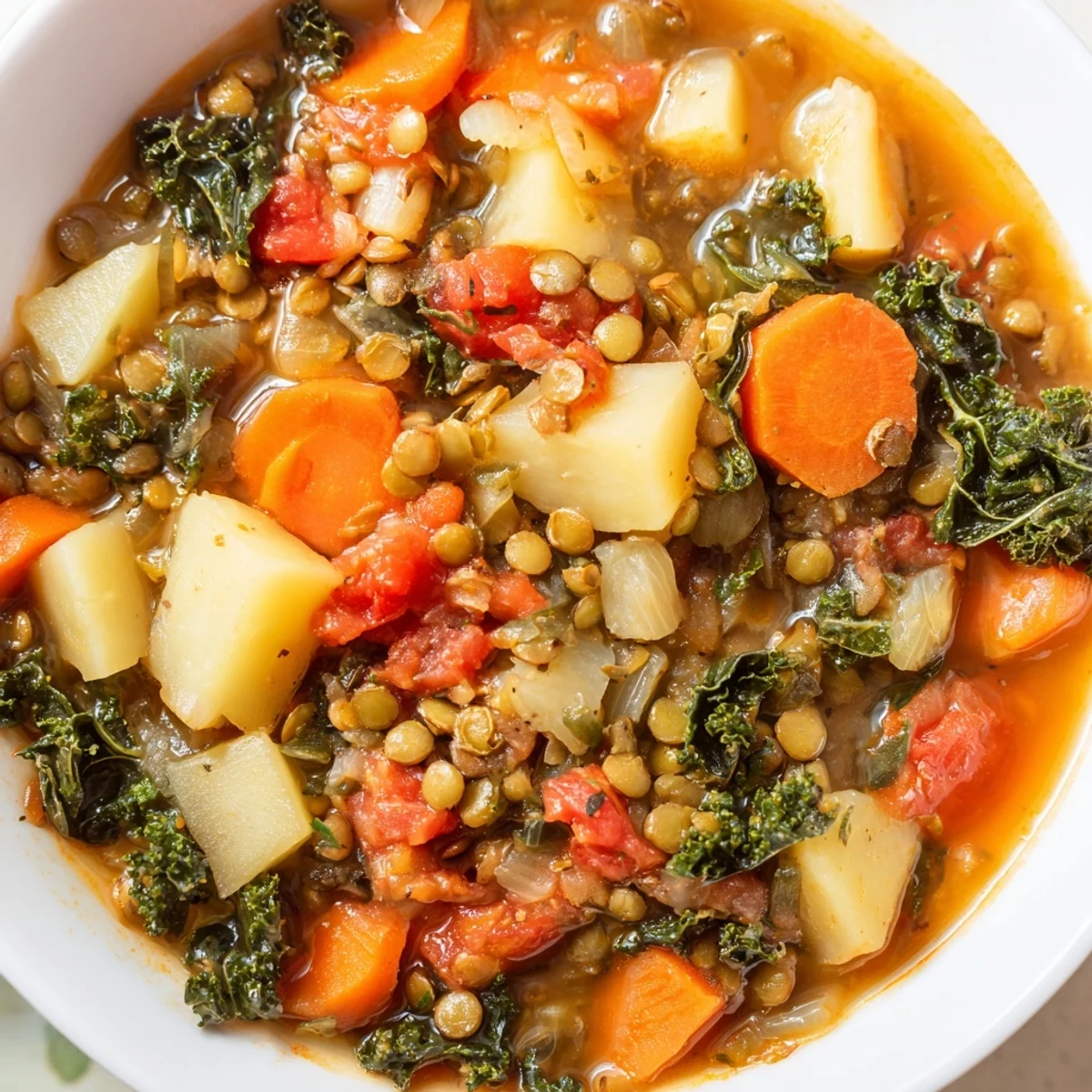 Serve Cozy Evening Vegan Soup in rustic bowls with fresh herbs and a slice of bread.