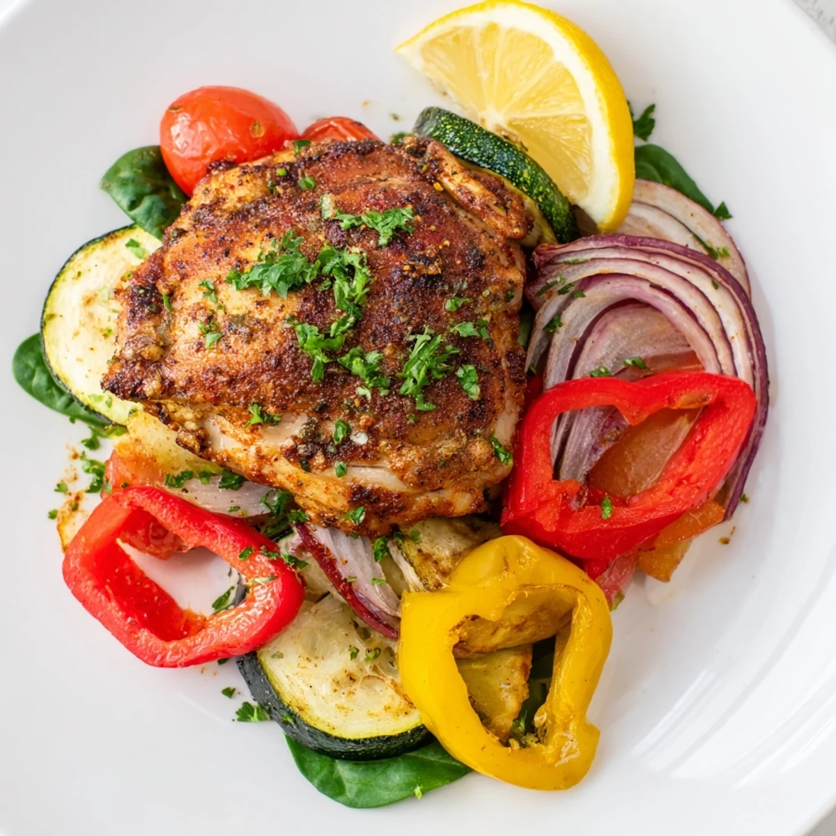 A vibrant New Year Paleo Skillet featuring juicy chicken thighs and colorful roasted vegetables steaming hot.