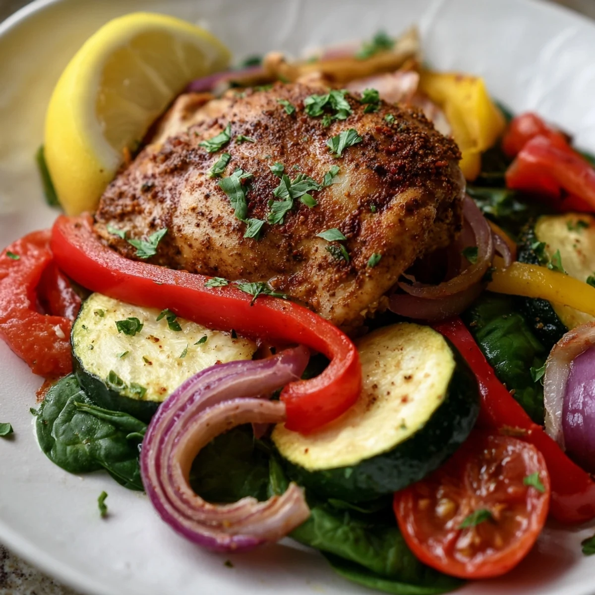 Spoon serving a warm New Year Paleo Skillet with spinach and tomatoes onto a plate with lemon wedges.