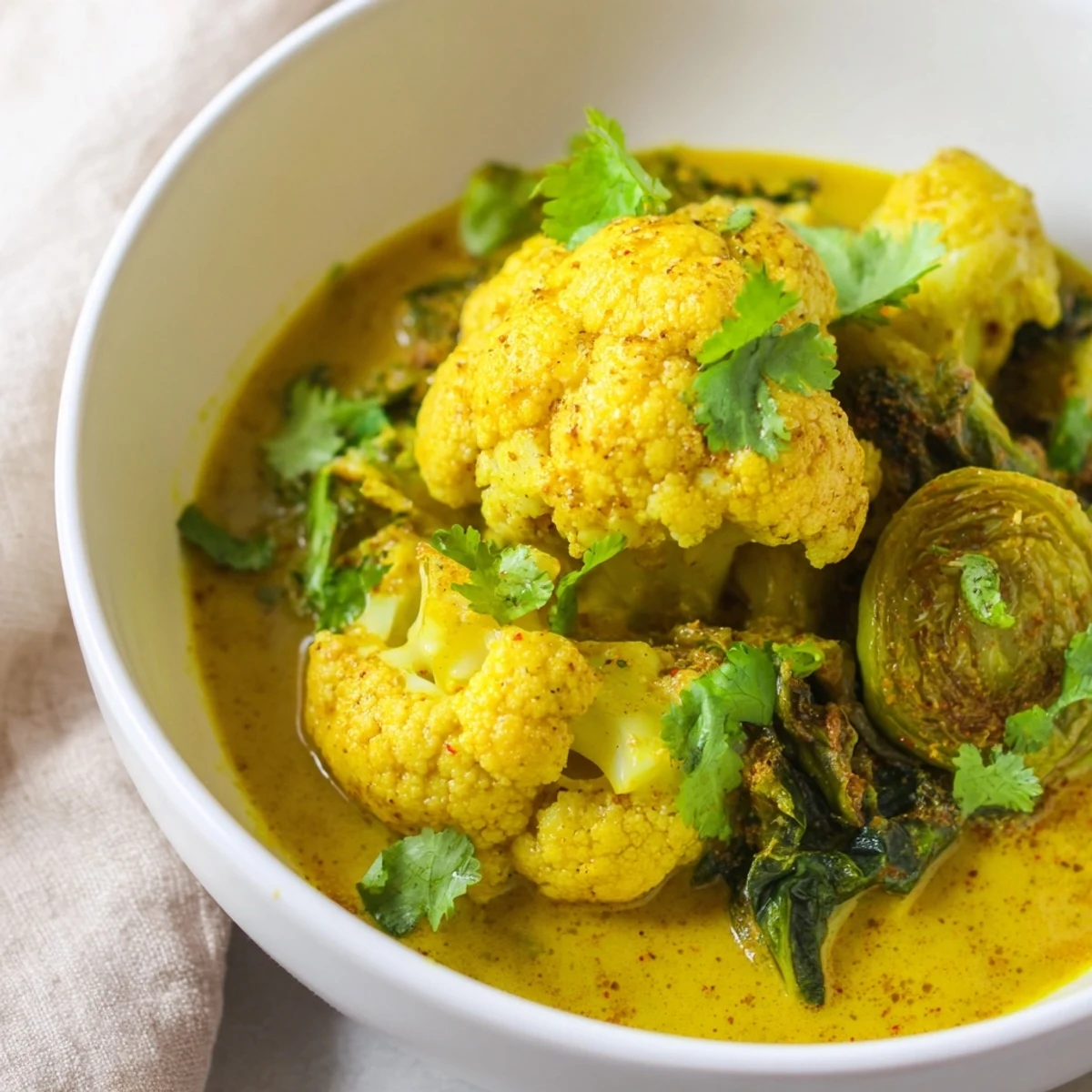 A spoon lifts creamy Winter Harvest Low Carb Curry brimming with tender rutabaga and Brussels sprouts.