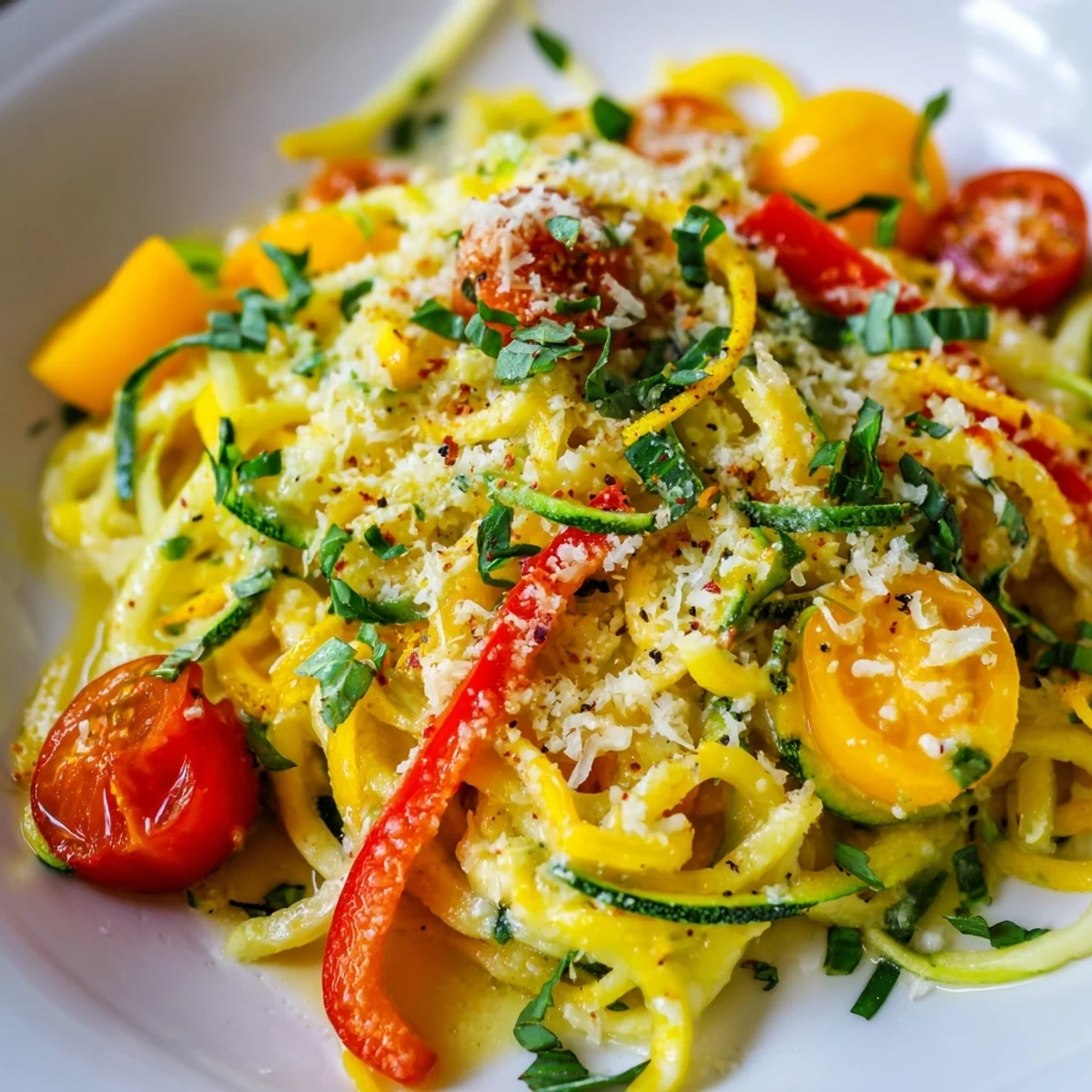 Bright yellow zucchini and yellow squash noodles are tossed in a creamy herbed sauce with red bell peppers and cherry tomatoes for Solstice Low Carb Pasta.