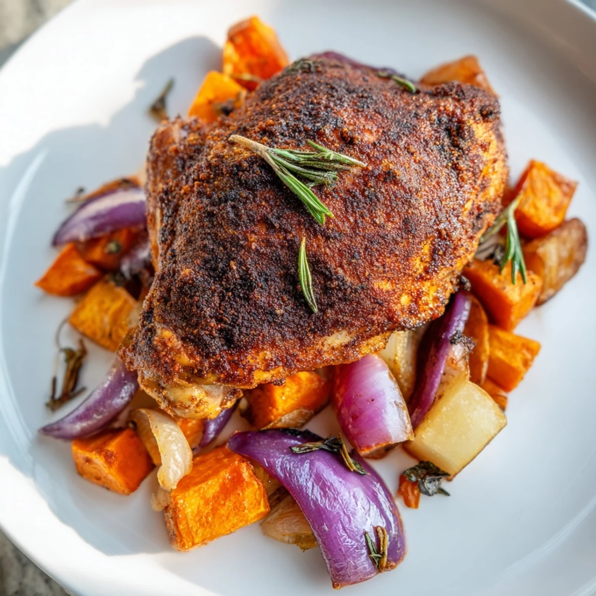 Golden Crisp Air Paleo Chicken with Roasted Root Vegetables steaming on a rustic wooden table.