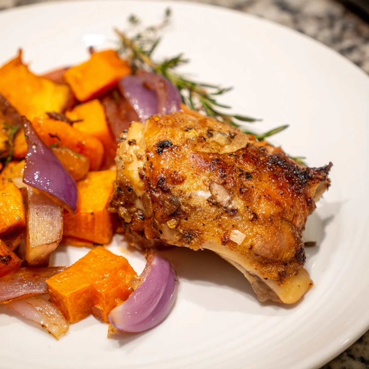 Crisp Air Paleo Chicken showcases caramelized sweet potatoes, carrots, and parsnips alongside juicy, herb-seasoned thighs.