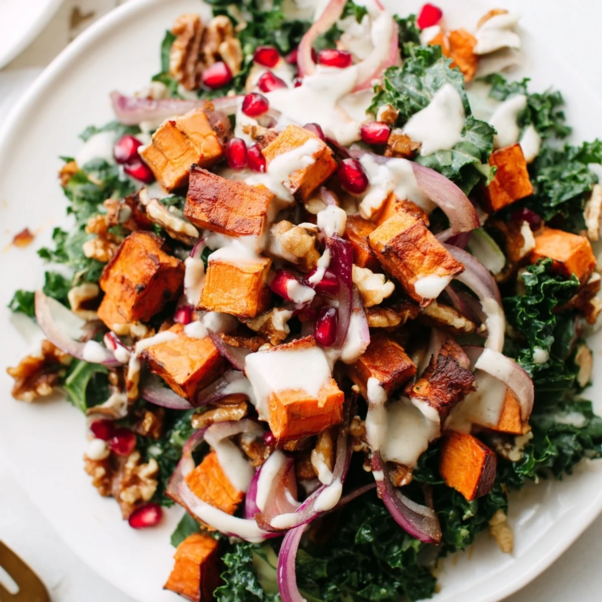 A refreshing bowl of Snowy Day Vegan Salad with kale, spinach, red onion slices, and jewel-like pomegranate seeds, perfect for a healthy lunch.