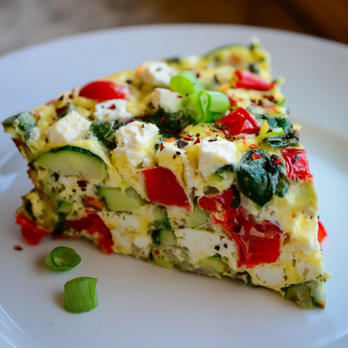 Overhead view of New Year Low Fat Frittata ingredients including eggs, diced vegetables, and feta cheese, prepared for a quick, protein-packed vegetarian meal.