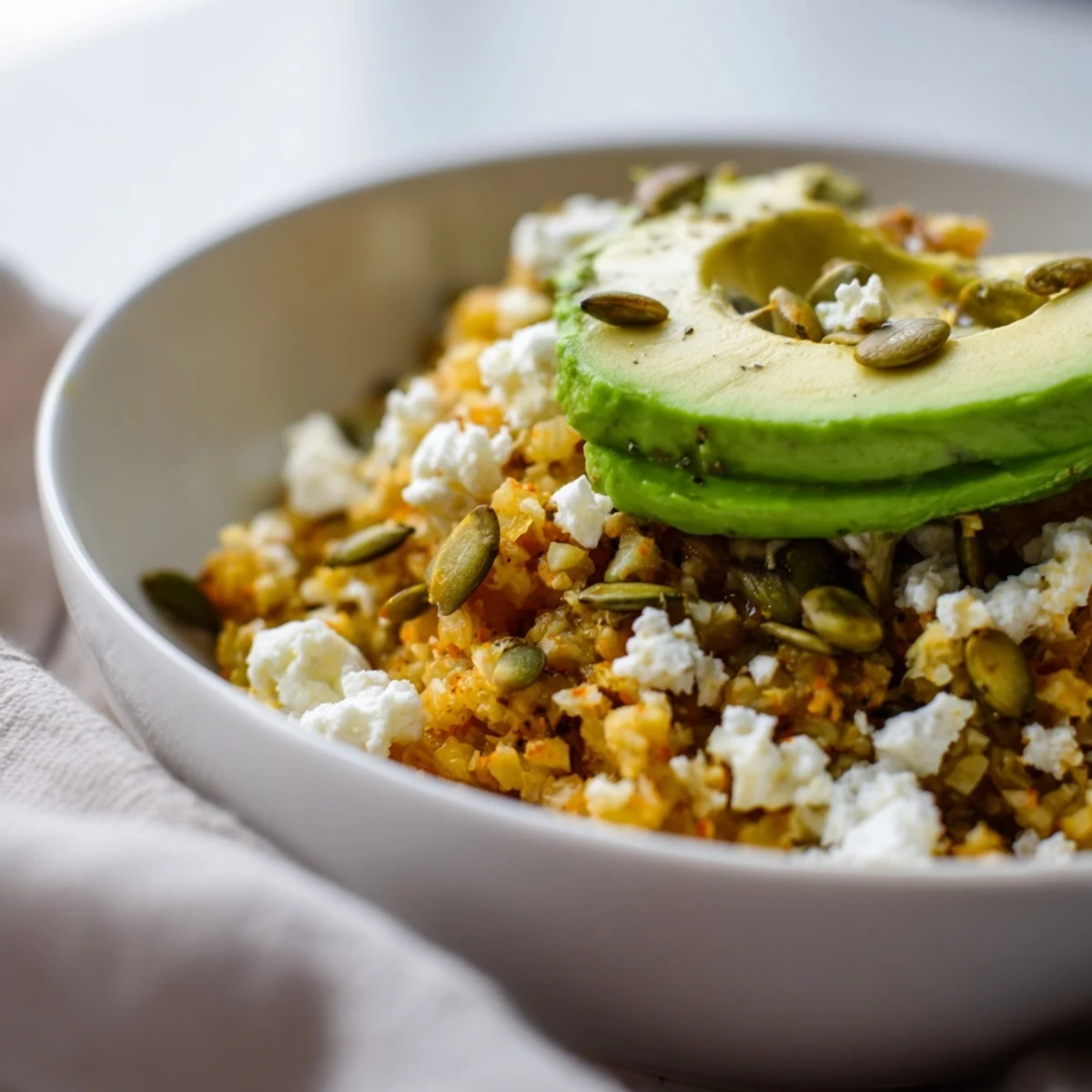 Seasonal Glow Low Carb Grain Bowl topped with avocado, pomegranate seeds, and pumpkin seeds on cauliflower rice