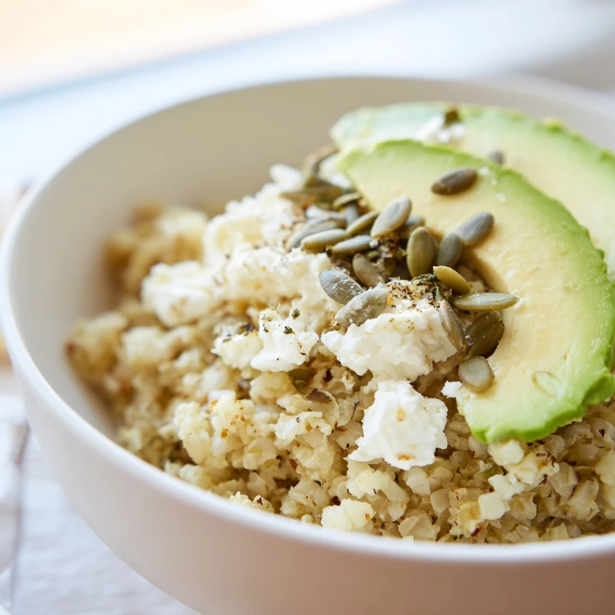 Colorful Seasonal Glow Low Carb Grain Bowl with roasted veggies and zesty lemon-tahini dressing in a white bowl