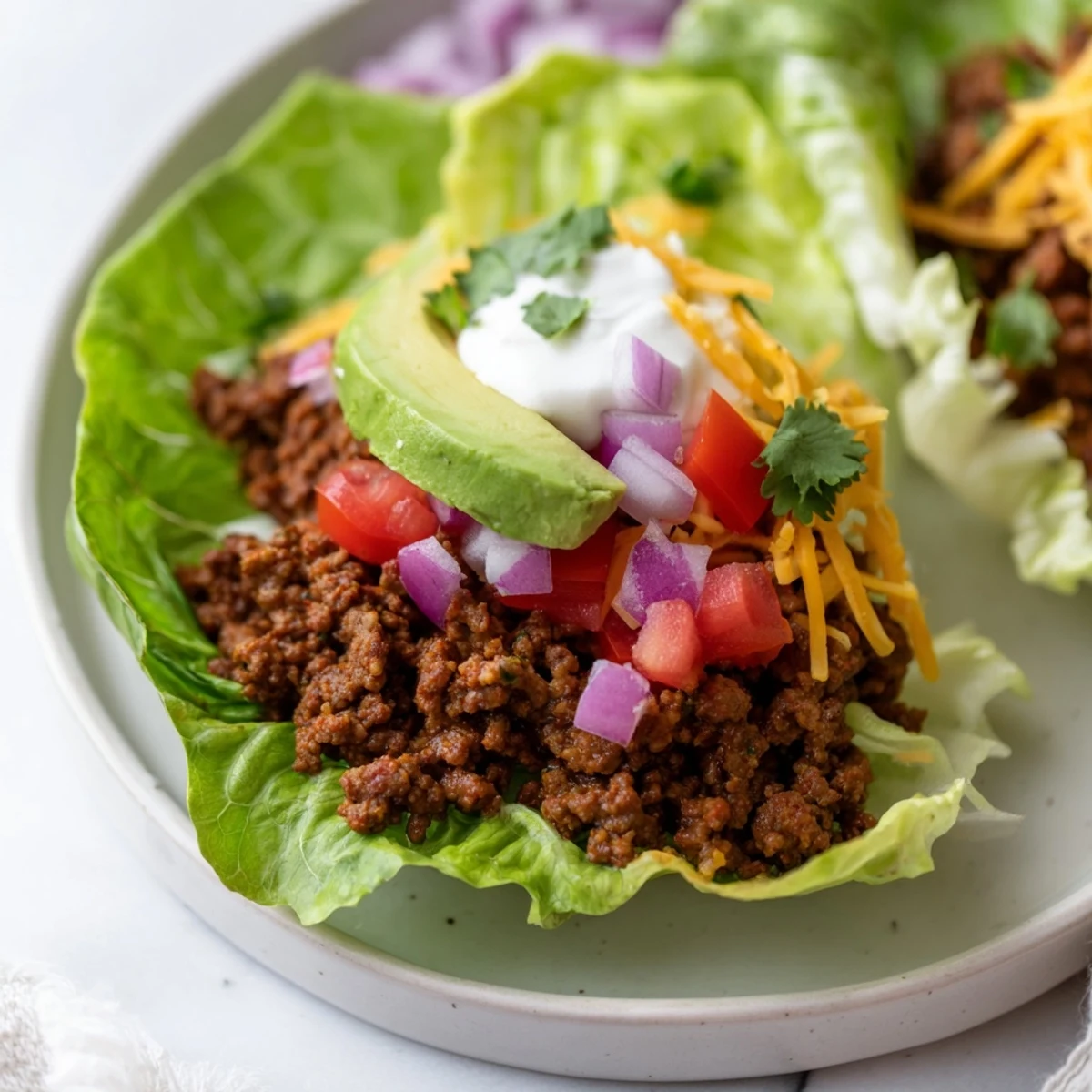 Spiced beef for Warm Hearth Keto Tacos being spooned into lettuce shells, garnished with cheddar, avocado, and diced red onion.