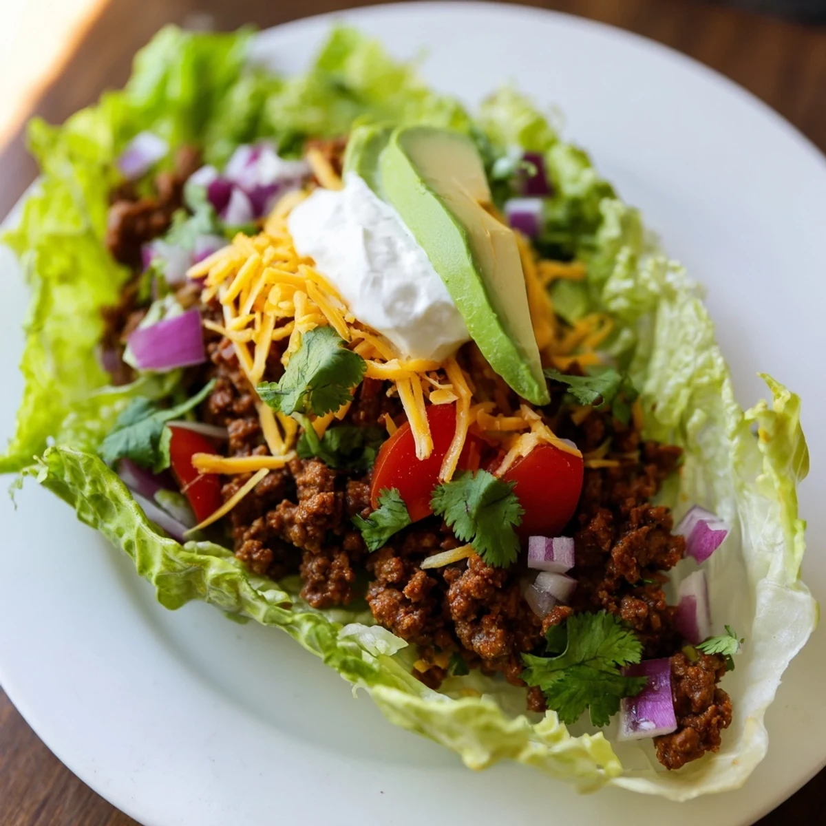 Warm Hearth Keto Tacos presented in crisp romaine lettuce cups, filled with juicy, seasoned ground beef and colorful toppings.