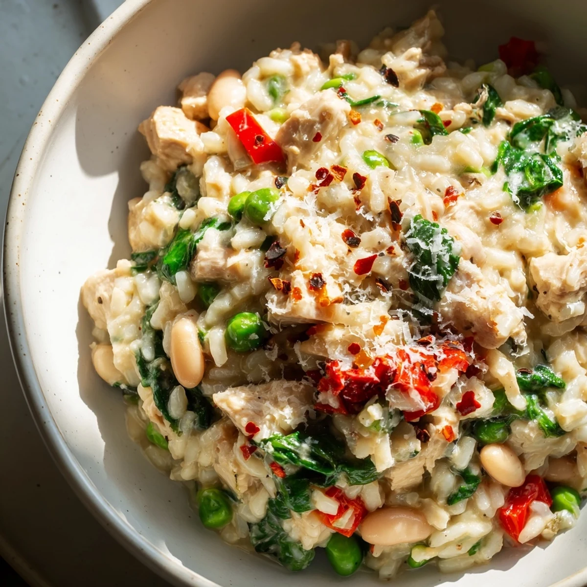 Creamy Holiday Market High Protein Risotto served warm with colorful vegetables, cannellini beans, and Parmesan in a rustic bowl.