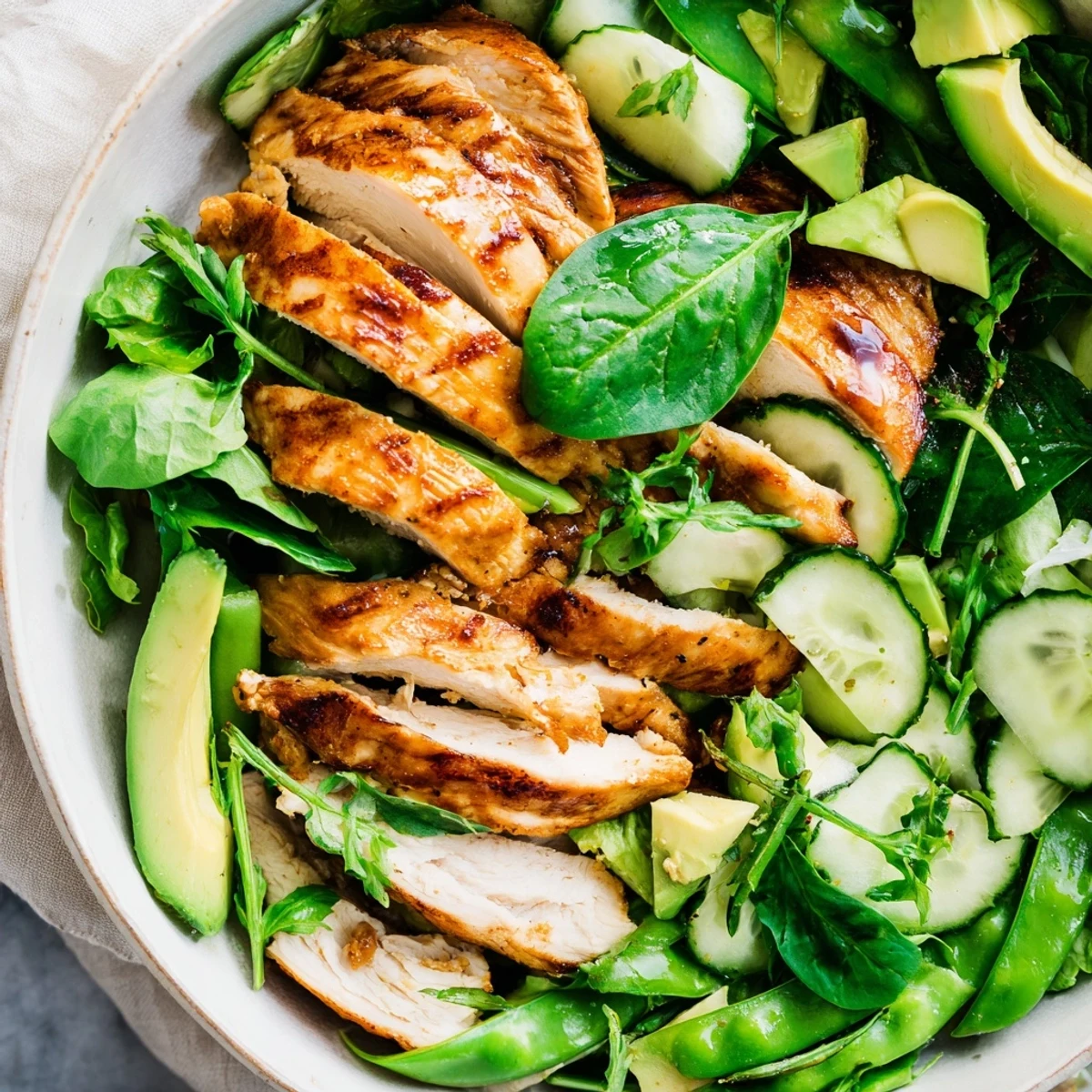 Freshly grilled chicken slices rest atop a vibrant mix of greens, avocado, and fennel in this Evergreen Paleo Salad.