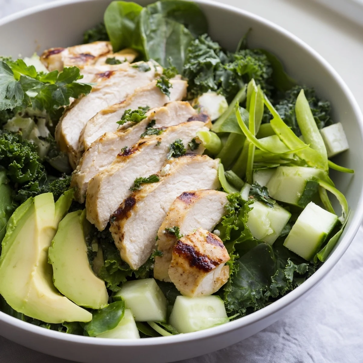 Served in a rustic white bowl, the Evergreen Paleo Salad features colorful vegetables and lean protein for a wholesome meal.