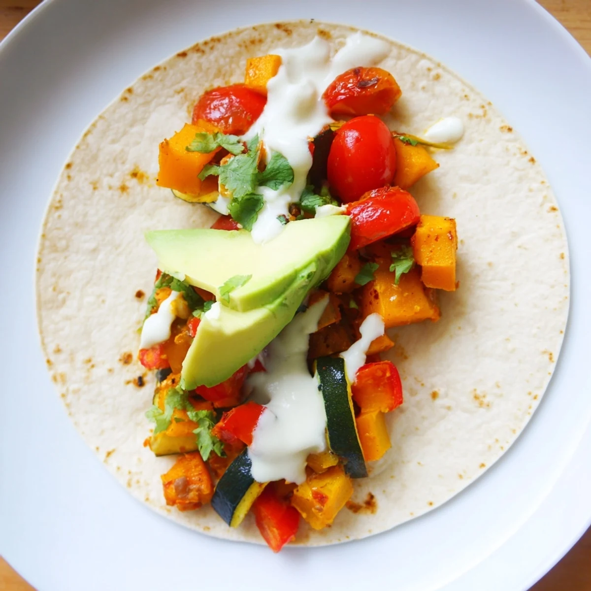 Seasonal Glow Vegan Tacos filled with roasted butternut squash, zucchini, and red bell pepper, topped with avocado and cilantro.