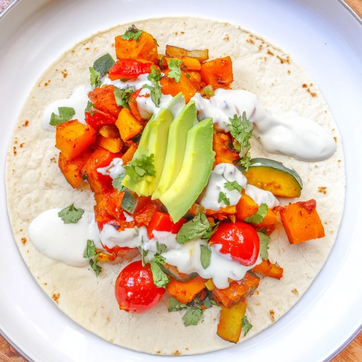 Colorful Seasonal Glow Vegan Tacos garnished with cilantro and lime wedges on a rustic table, ready for serving.