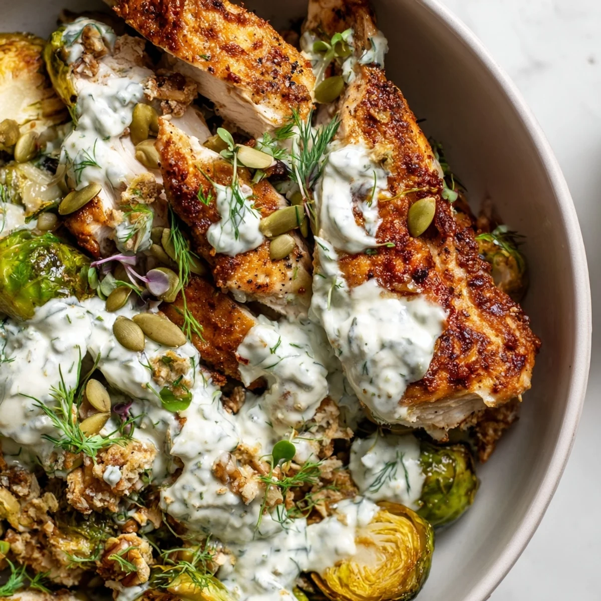 Freshly roasted Winter Garden Low Carb Bowl with golden Brussels sprouts, tender chicken, and a vibrant green yogurt-herb dressing.