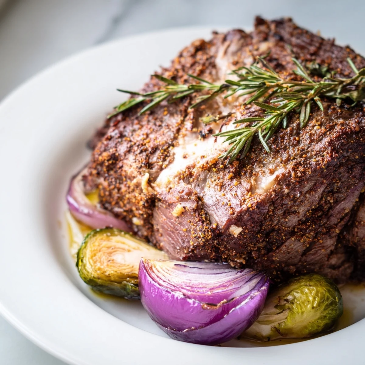 Tender slices of Winter Garden Paleo Roast, served with glazed carrots and rosemary sprigs on a rustic board.