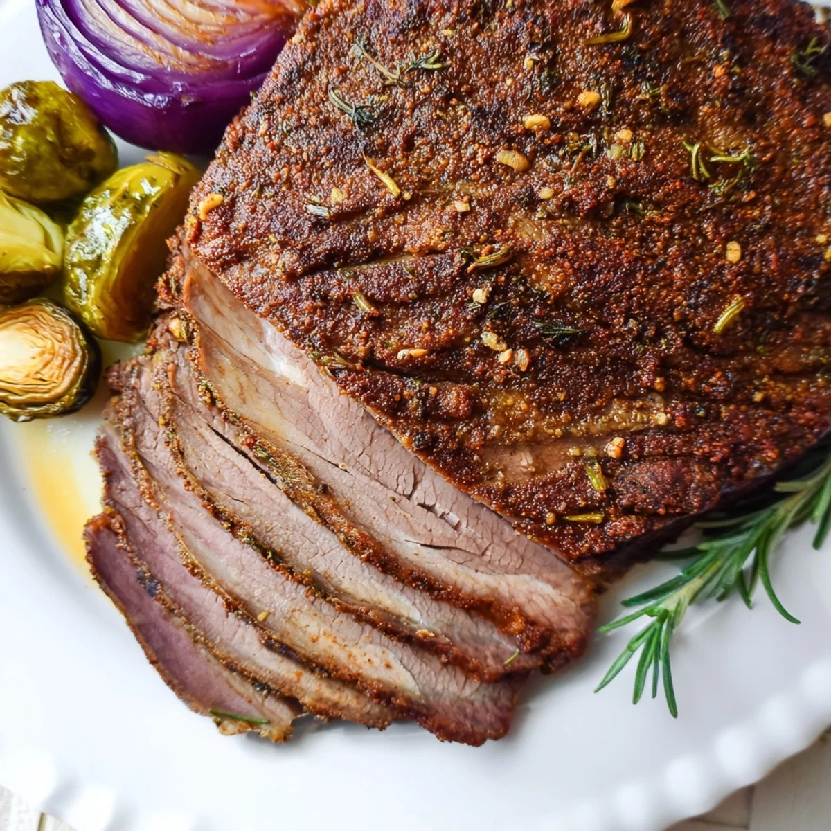 Carving the hearty Winter Garden Paleo Roast, revealing juicy beef alongside colorful roasted root vegetables.