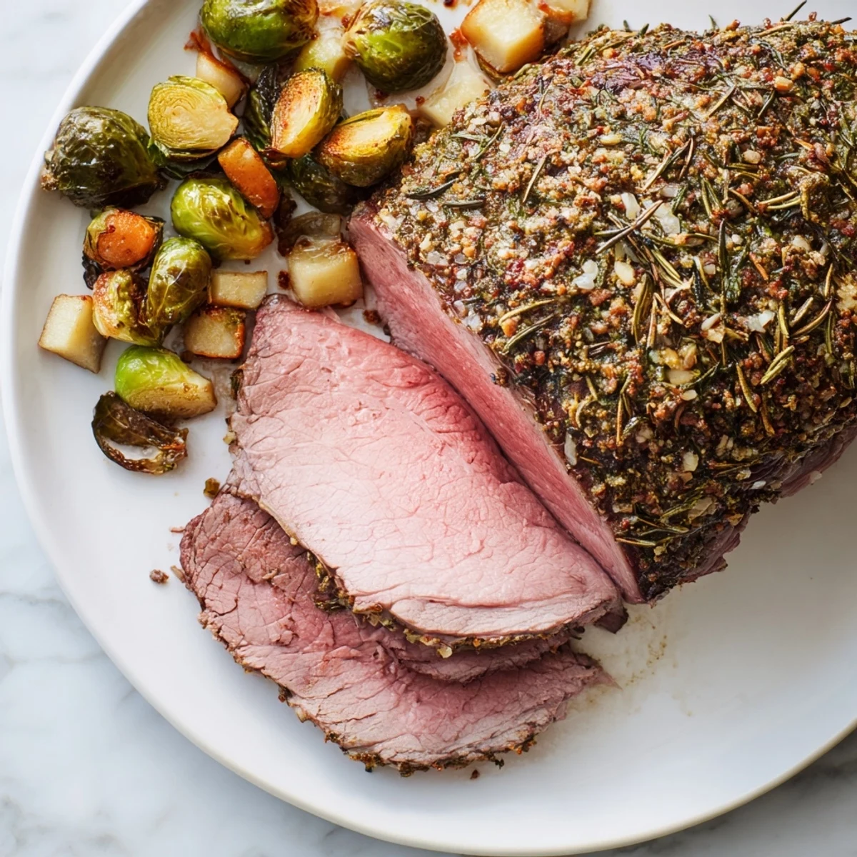 Herb-crusted Winter Harvest Keto Roast with caramelized cauliflower and Brussels sprouts, served sliceable and juicy.