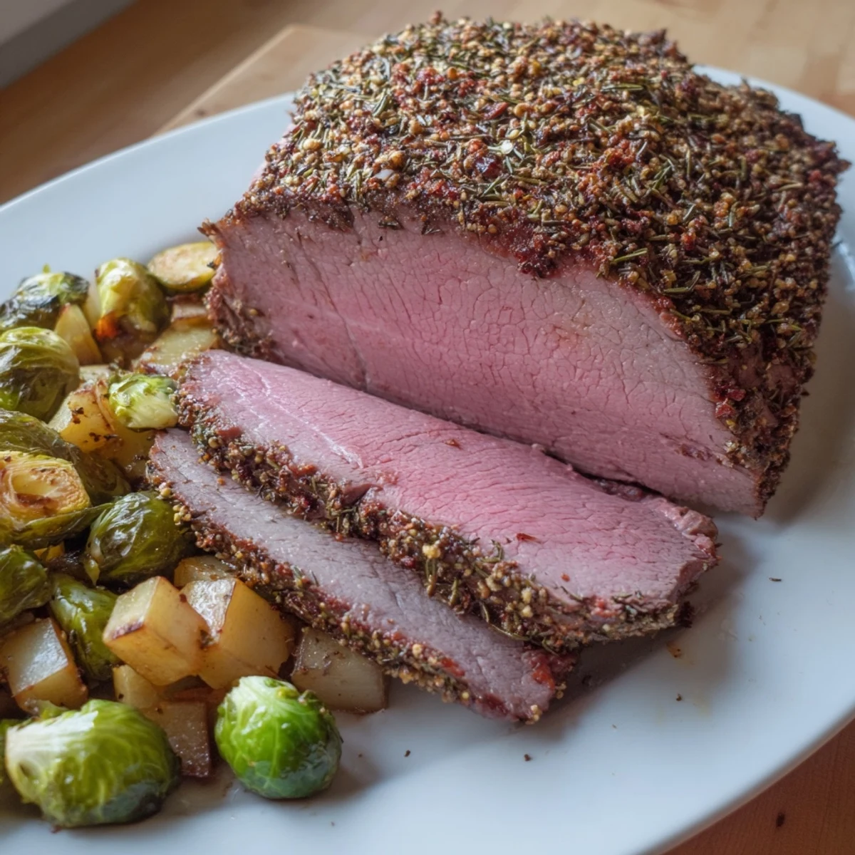 Sliced Winter Harvest Keto Roast on a platter with pan juices, surrounded by rustic roasted winter vegetables.