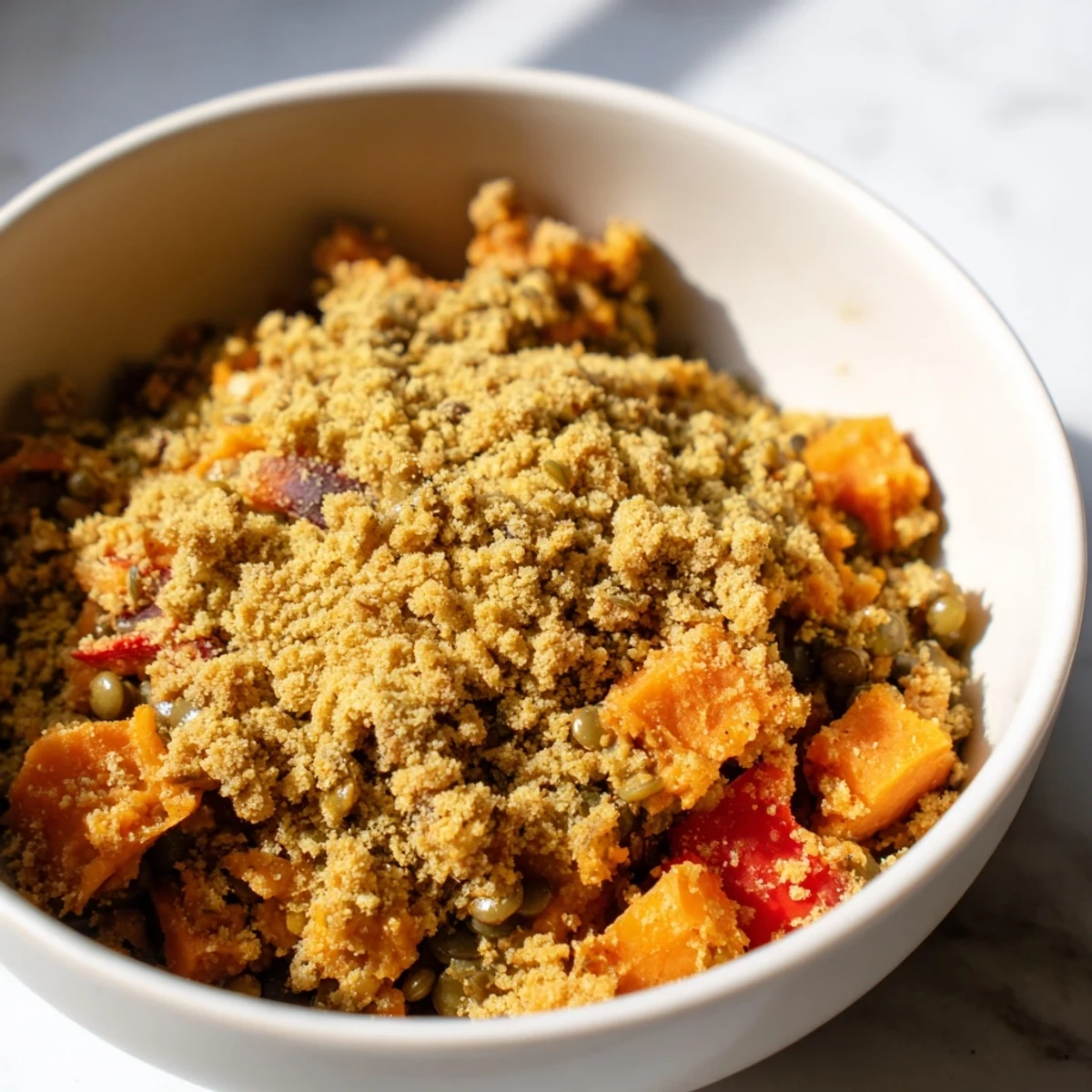 Golden-brown Solstice Vegan Casserole with lentils and roasted root vegetables bubbling in a dish.