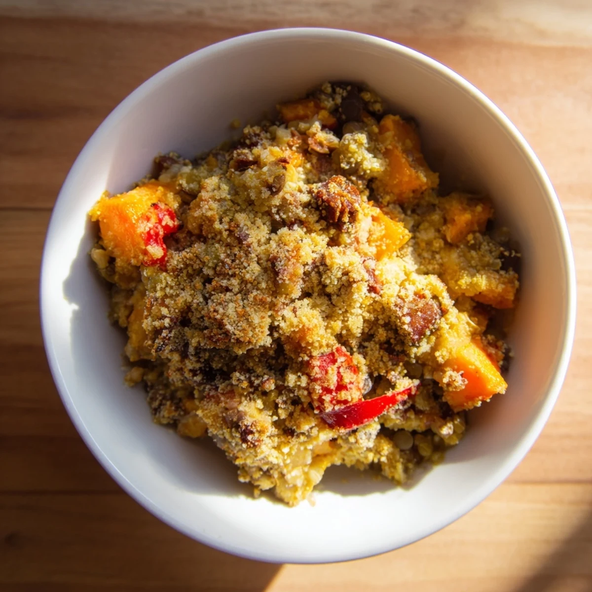 Hearty Solstice Vegan Casserole topped with crispy panko and herbs, ready for a festive dinner.